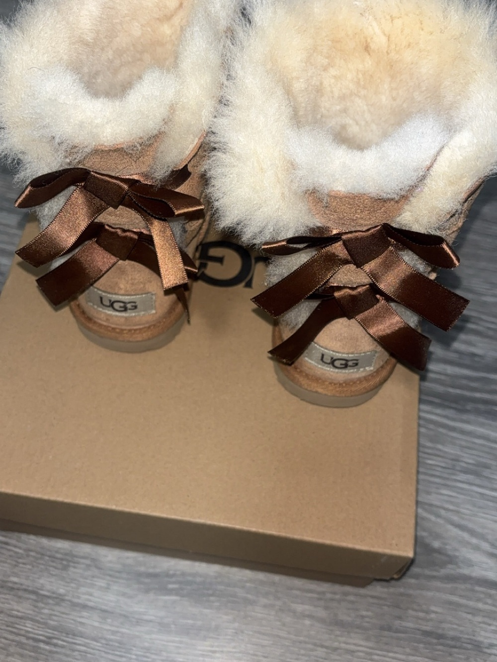 UGG Kids Chestnut Suede Booties with Brown Satin Bows